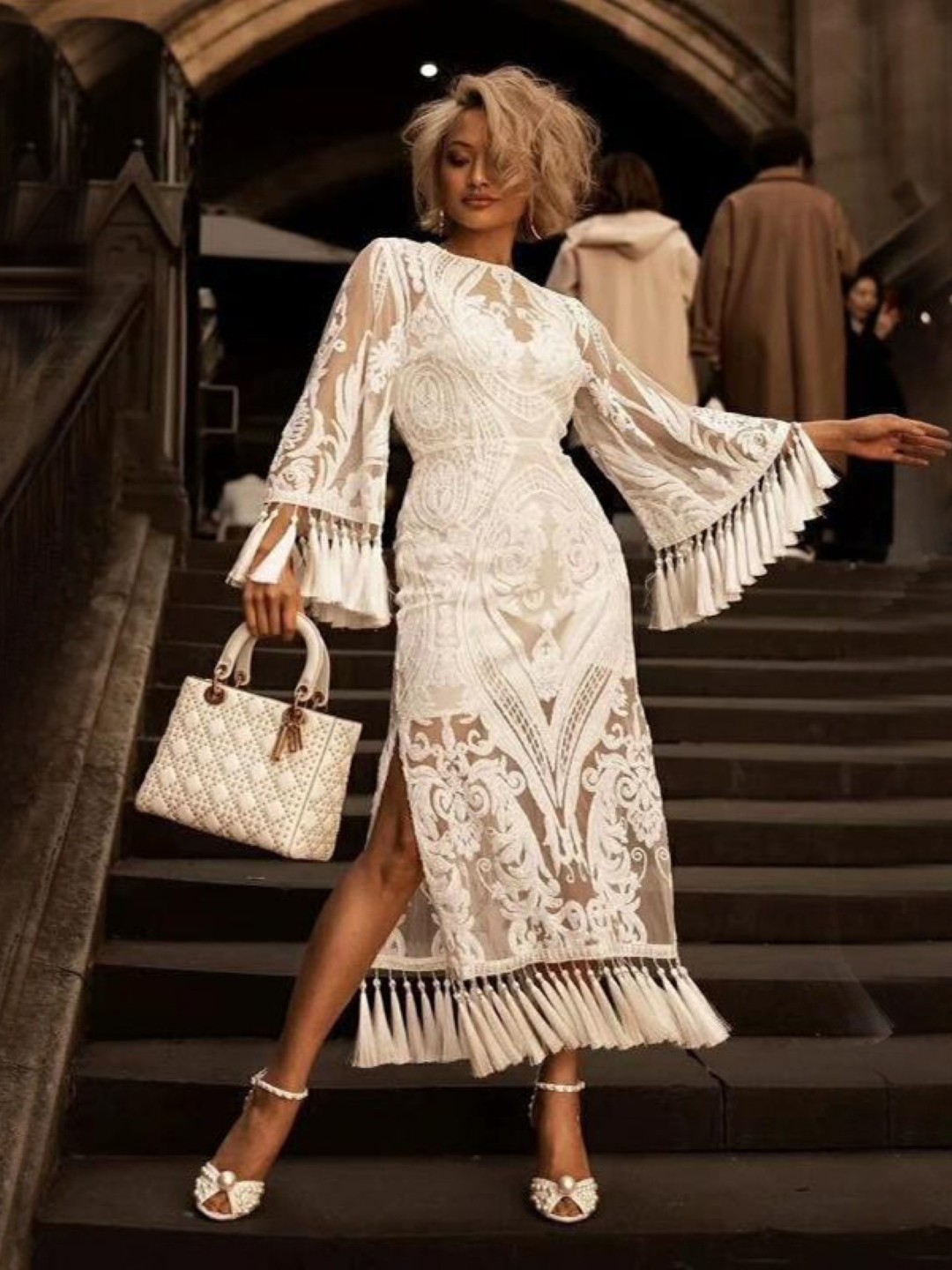 

KPOP Women Bell Sleeve Self Design Bodycon Maxi Dress, Off white