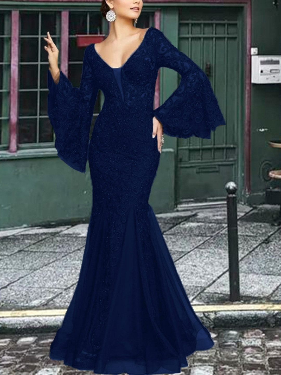 

KPOP Women Bell Sleeve Maxi Dress, Navy blue