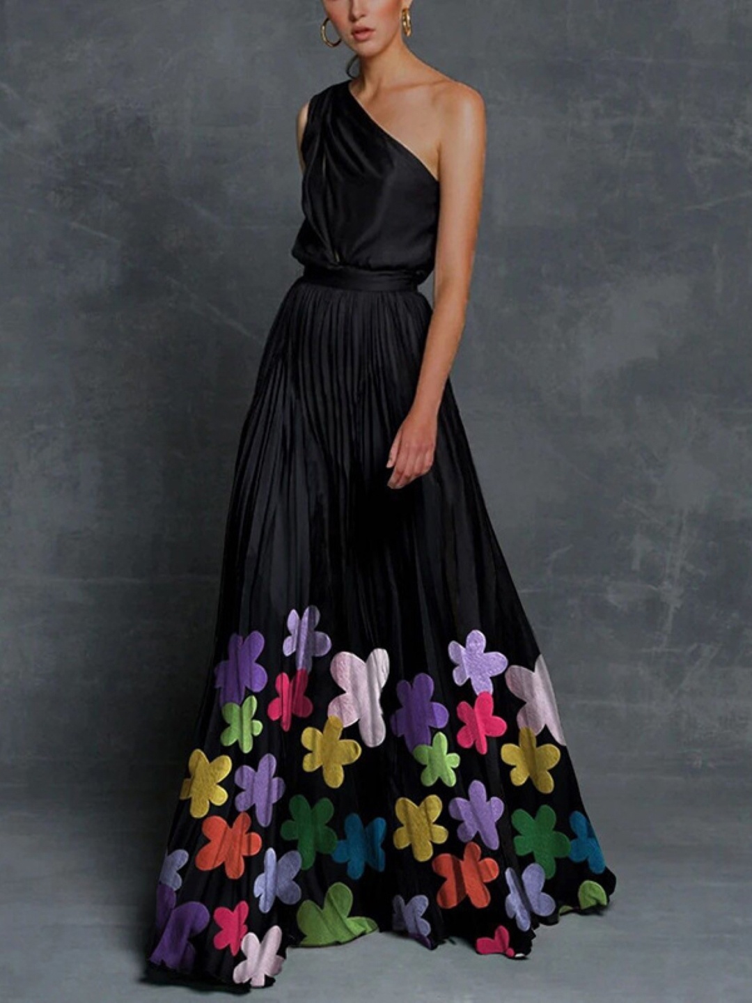 

KPOP Women Floral Printed One Shoulder A-Line Maxi Dress, Black