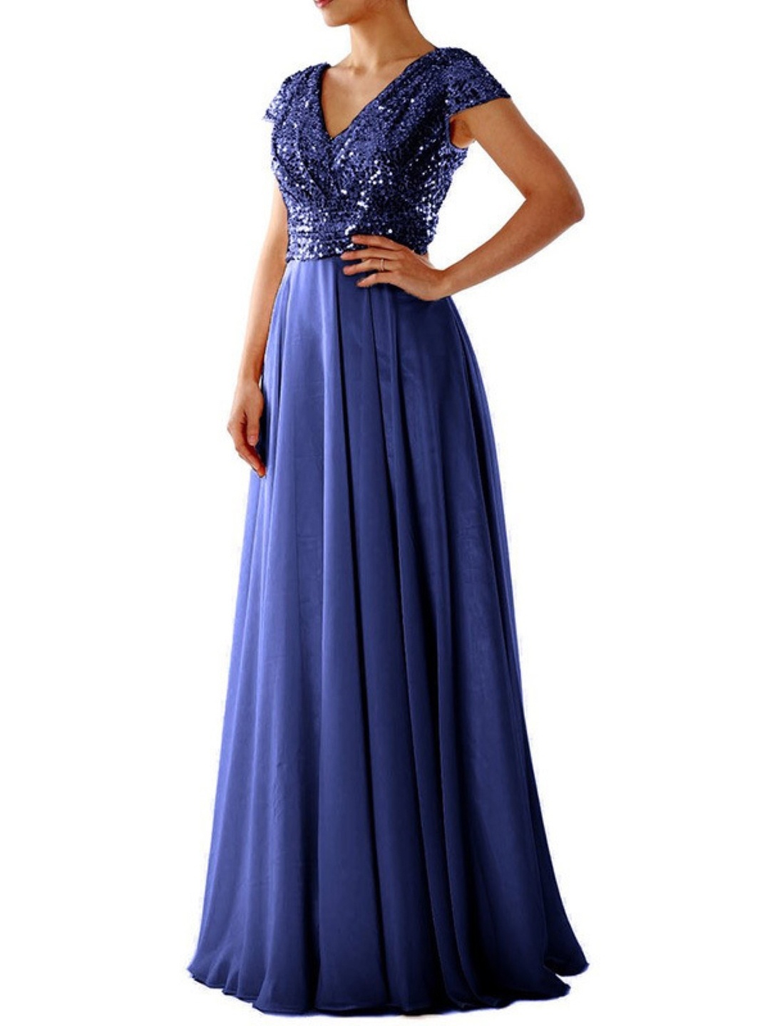 

KPOP Women A-Line Maxi Short Sleeves Dress, Navy blue