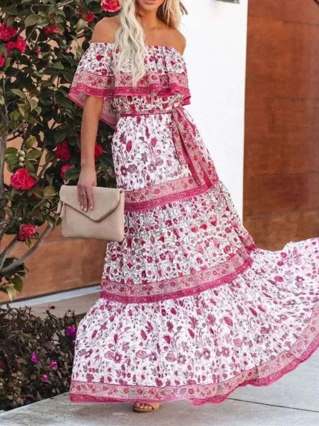 

KPOP Floral Print Off-Shoulder Fit and Flare Maxi Dress, Pink