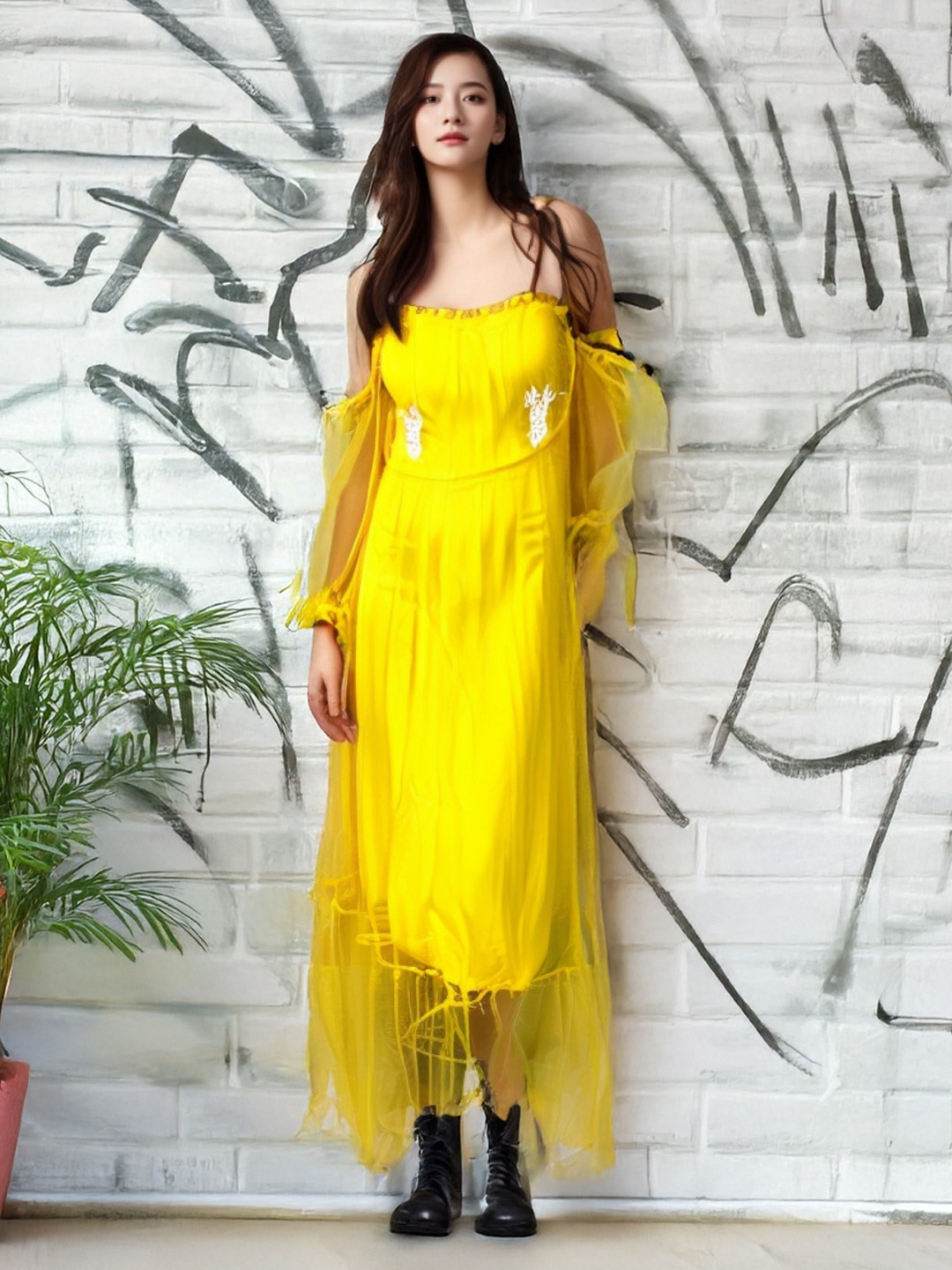 

KPOP Women Puff Sleeve Fit & Flare Maxi Dress, Yellow