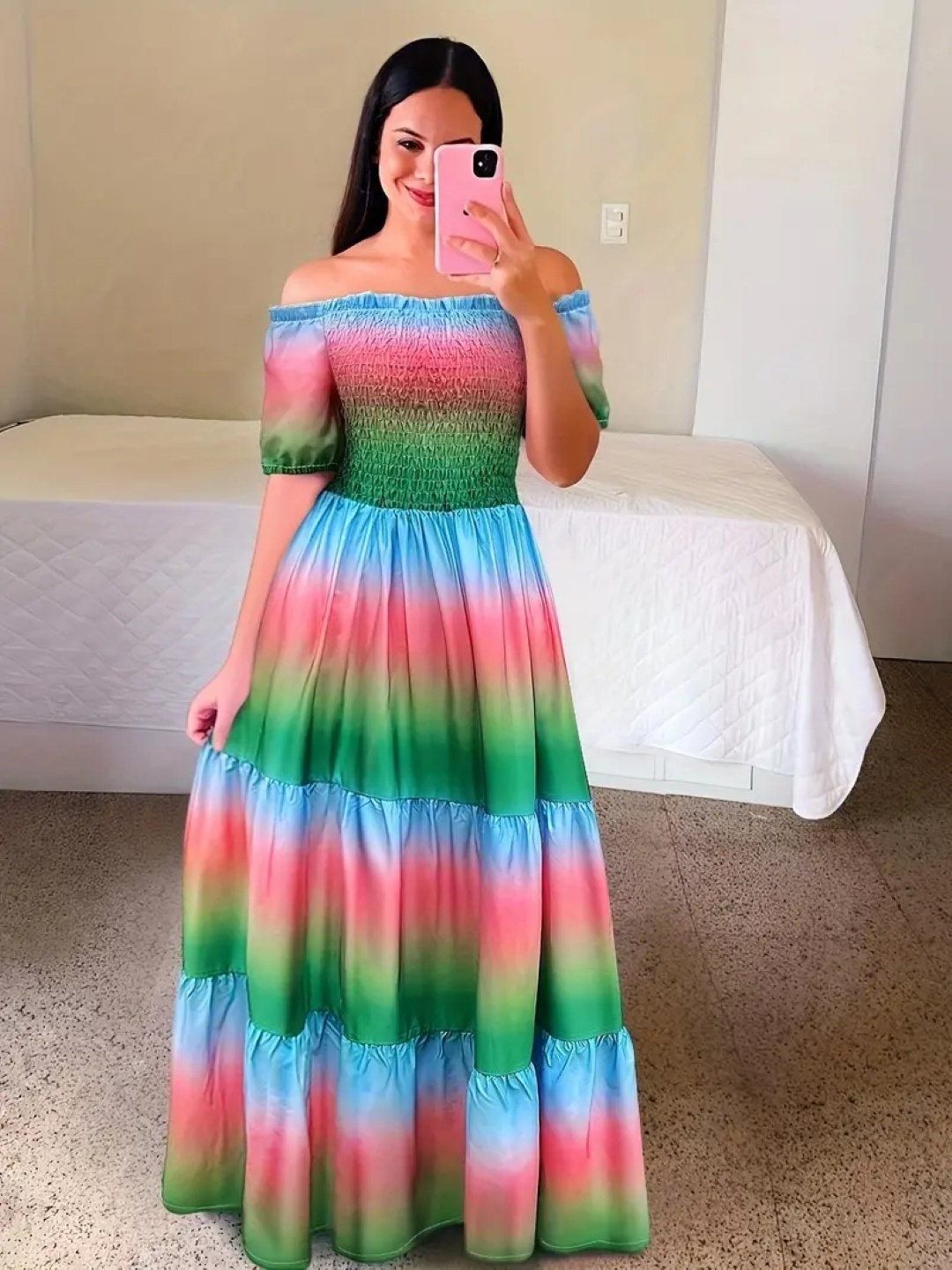 

KPOP Women Dyed Print Off-Shoulder Puff Sleeve A-Line Maxi Dress, Green