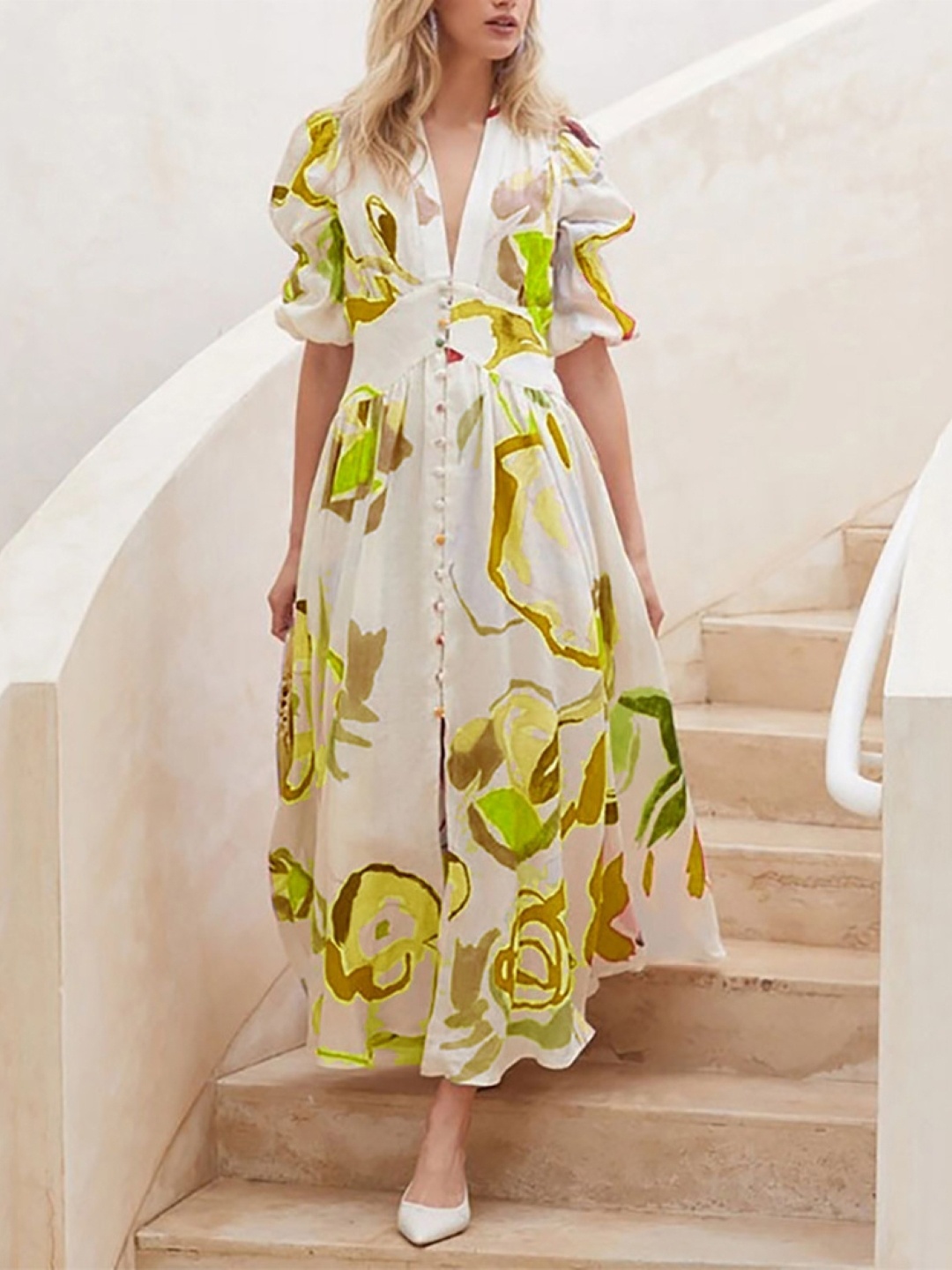 

KPOP Women Tropical Printed Puff Sleeve A-Line Maxi Dress, Yellow
