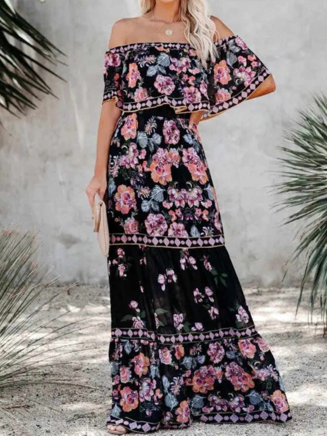 

KPOP Women Floral Printed Off-Shoulder Maxi Dress, Black