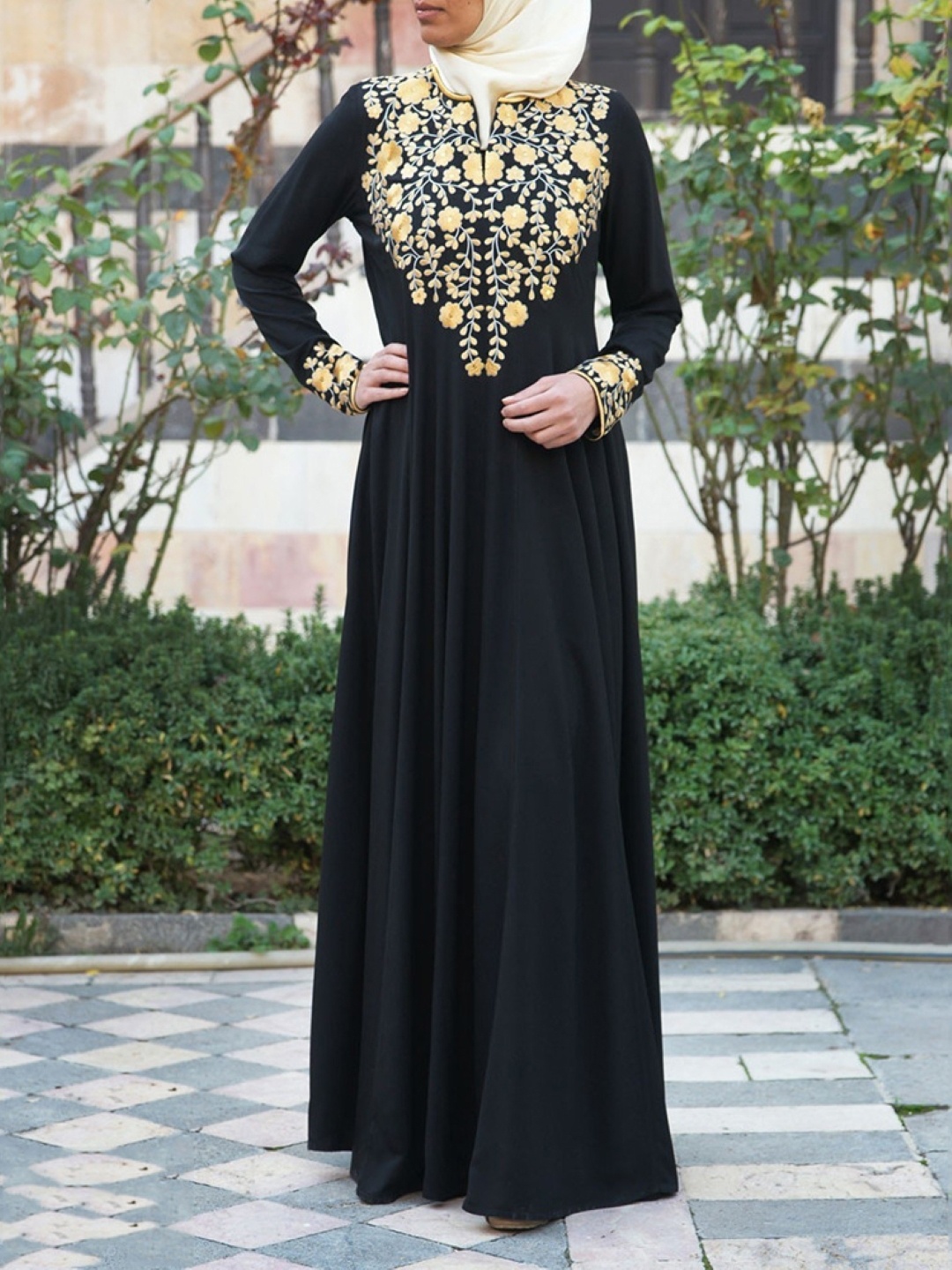 

KPOP Women Ethnic Motifs Print A-Line Maxi Dress, Black