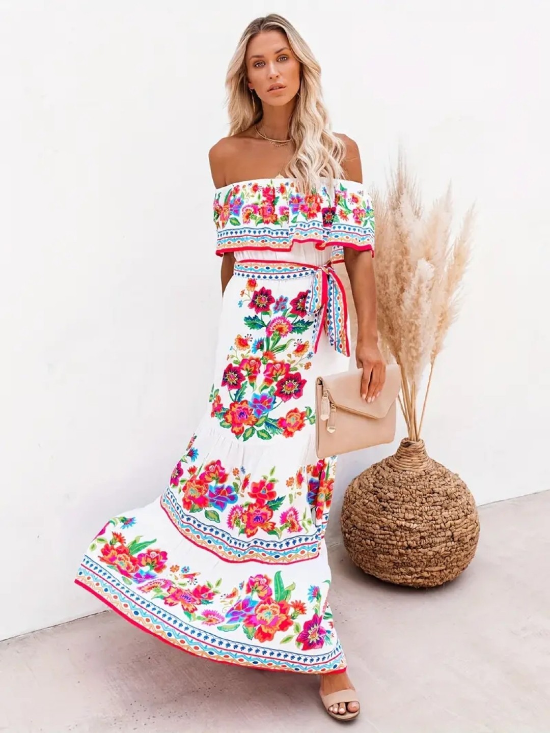 

KPOP Floral Printed Off-Shoulder Maxi Dress, White