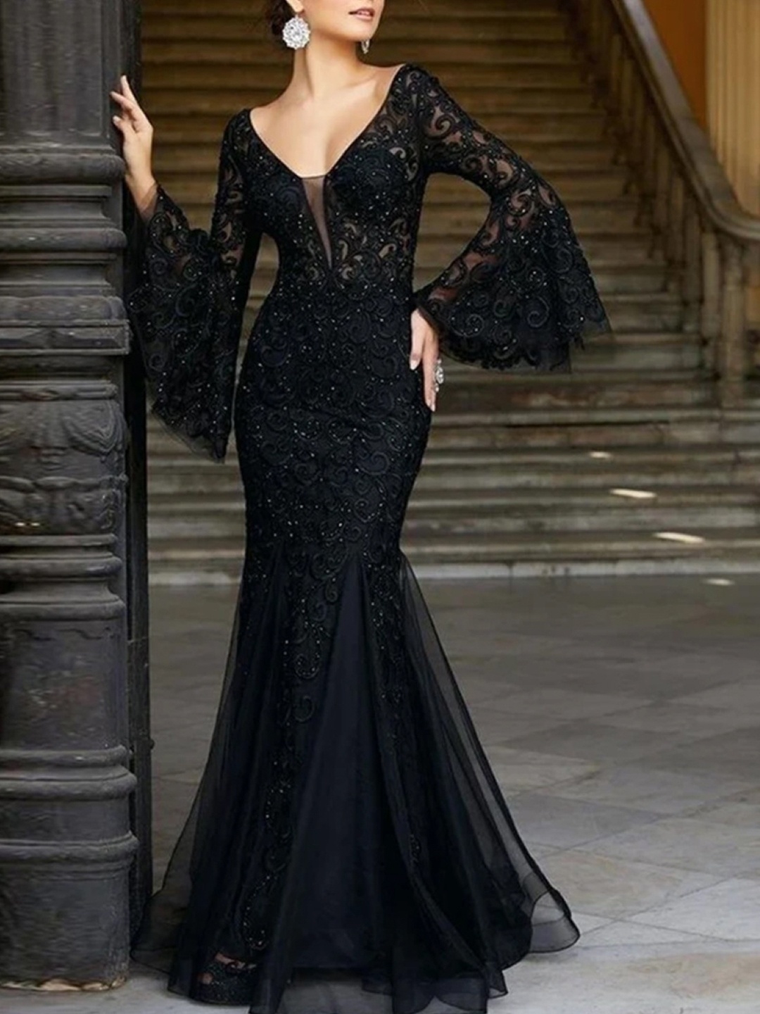 

KPOP Women Self Design Bell Sleeve Maxi Dress, Black