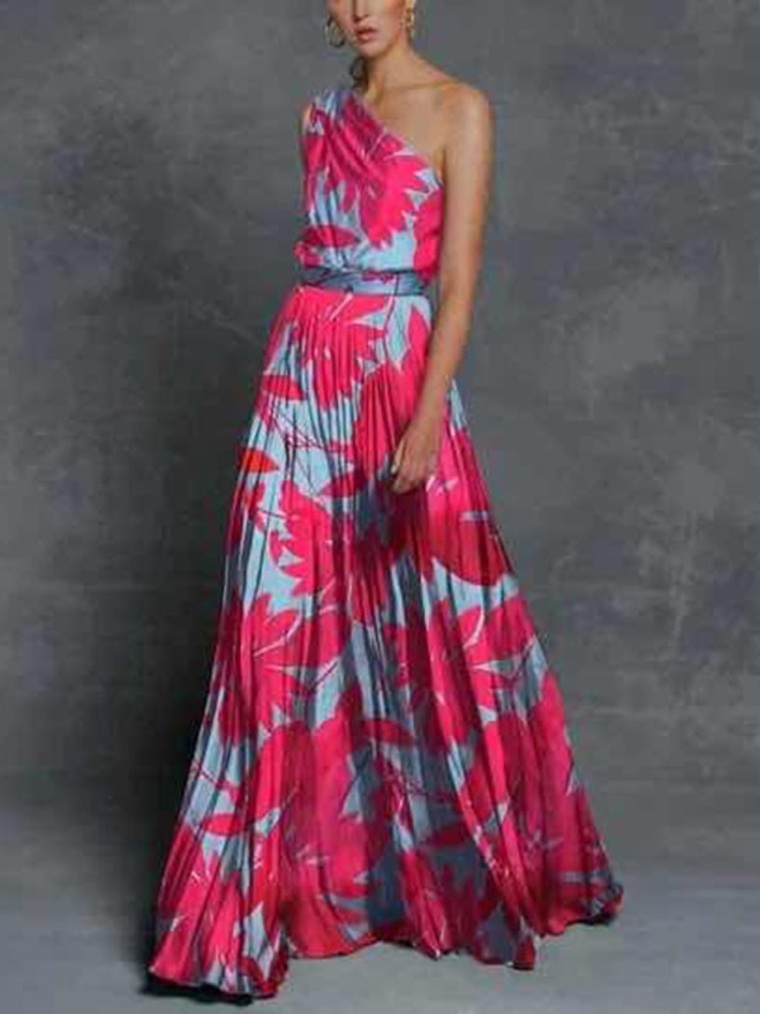 

KPOP Women Tropical Printed One Shoulder Fit and Flare Maxi Dress, Pink