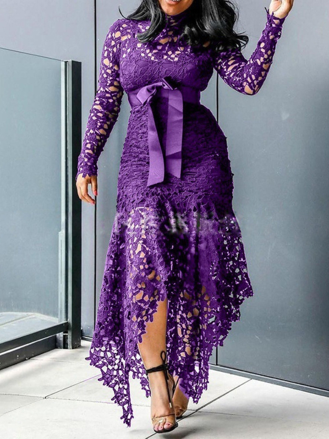 

KPOP Women A-Line Maxi Long Sleeves Round Neck Dress, Purple