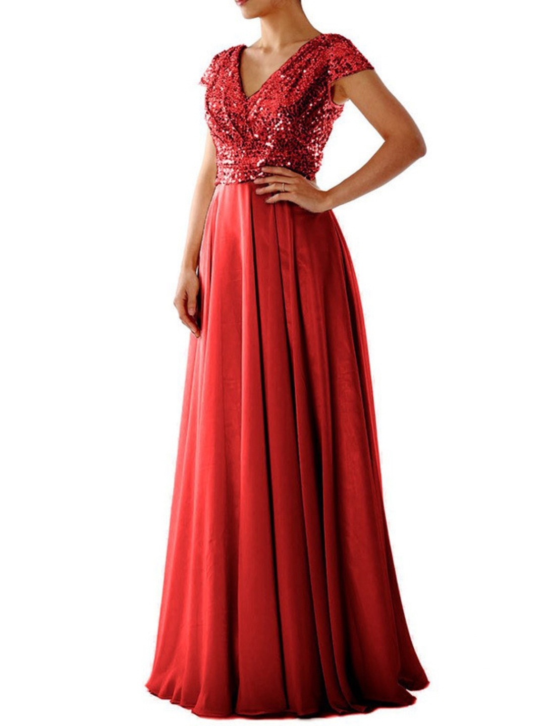 

KPOP V-Neck Cap Sleeves Self Design Embellished Fit and Flare Maxi Dress, Red