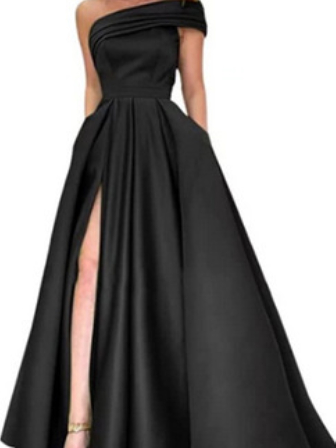 

KPOP Women One Shoulder Solid Short Sleeves Polyester A-Line Dress, Black