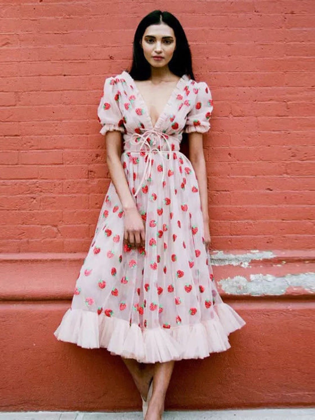 

KPOP Women Floral Printed Puff Sleeve Fit and Flare Midi Dress, White