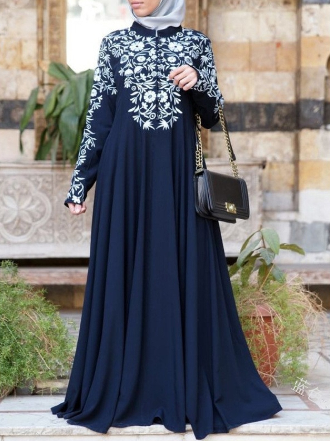 

KPOP Floral Print Halter Neck A-Line Maxi Dress, Navy blue