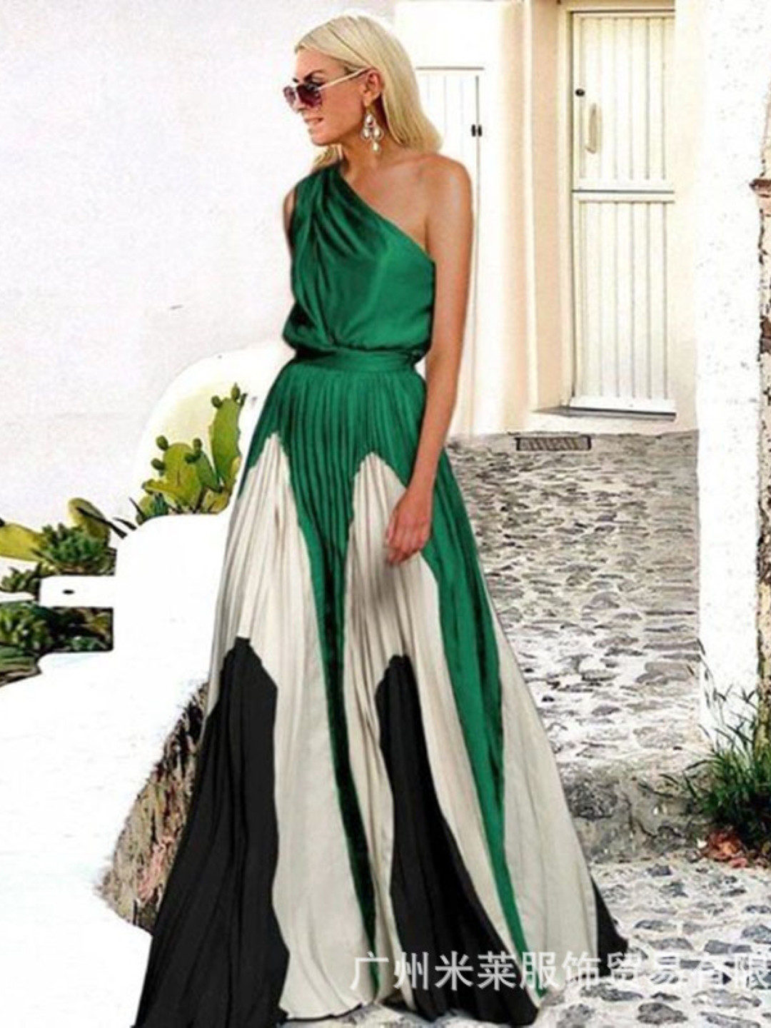 

KPOP Colourblocked One Shoulder Maxi Dress, Green
