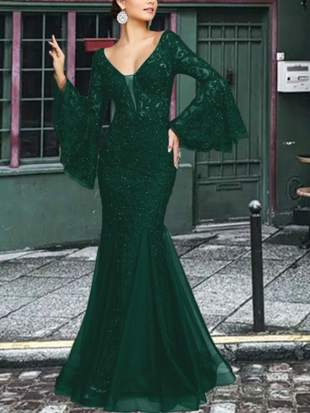 

KPOP Women Bell Sleeve Bodycon Maxi Dress, Green