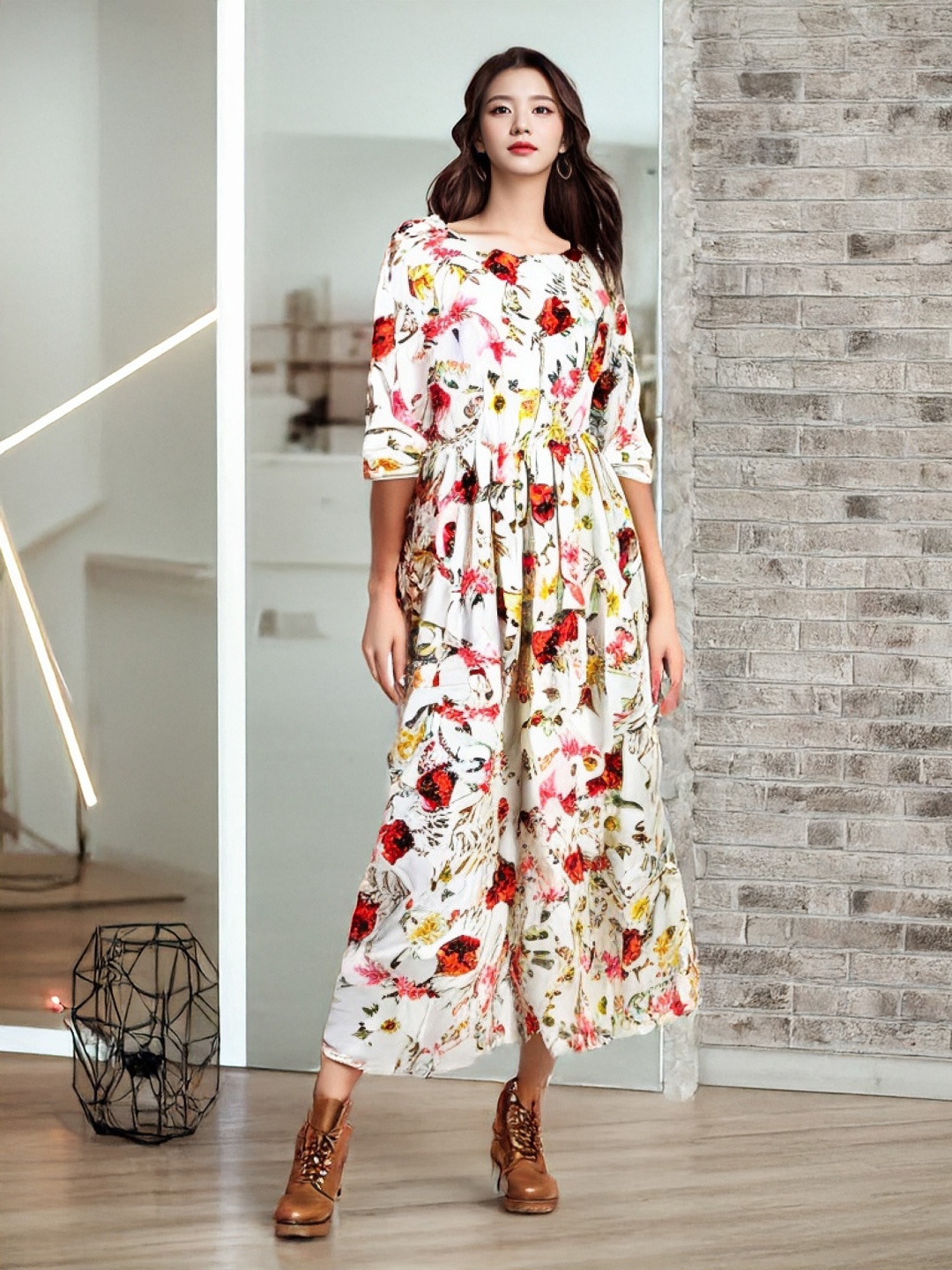 

KPOP Floral Printed Puff Sleeve A-Line Maxi Dress, White