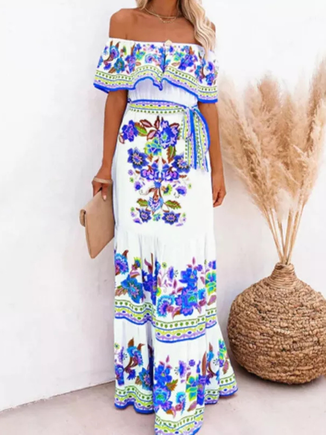 

KPOP Floral Printed Off-Shoulder Maxi Dress, White