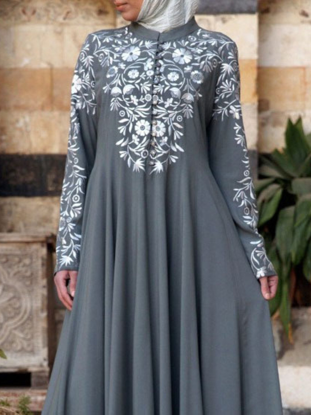 

KPOP Floral Embroidered Maxi Dress, Grey