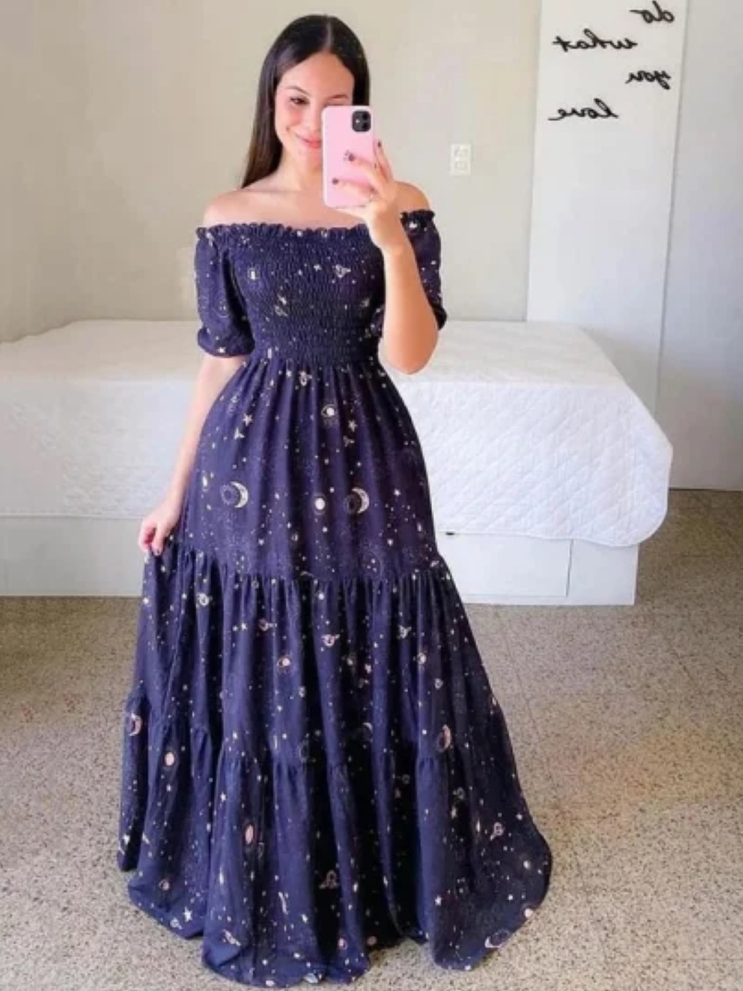 

KPOP Women Off-Shoulder Graphic Short Sleeves Fit and Flare Dress, Navy blue