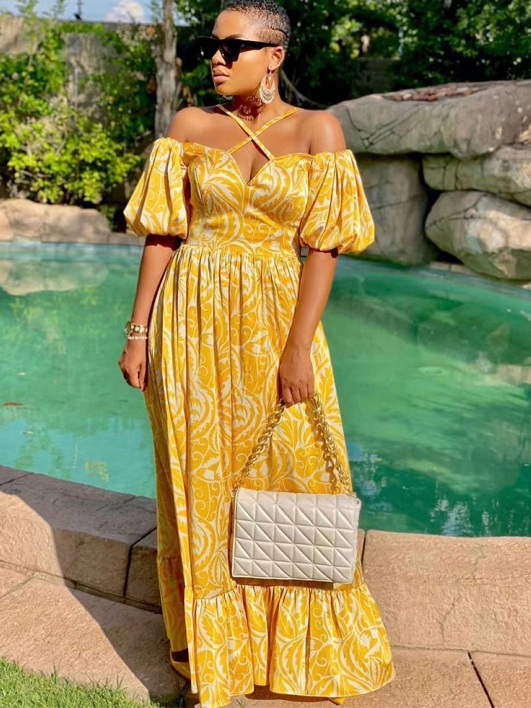 

KPOP Ethnic Motifs Printed Puff Sleeves A-Line Maxi Dress, Yellow