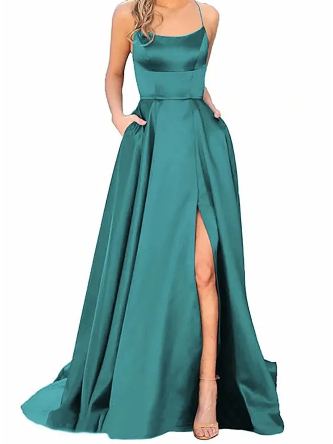 

KPOP Shoulder Straps Fit and Flare Maxi Solid Dress, Teal