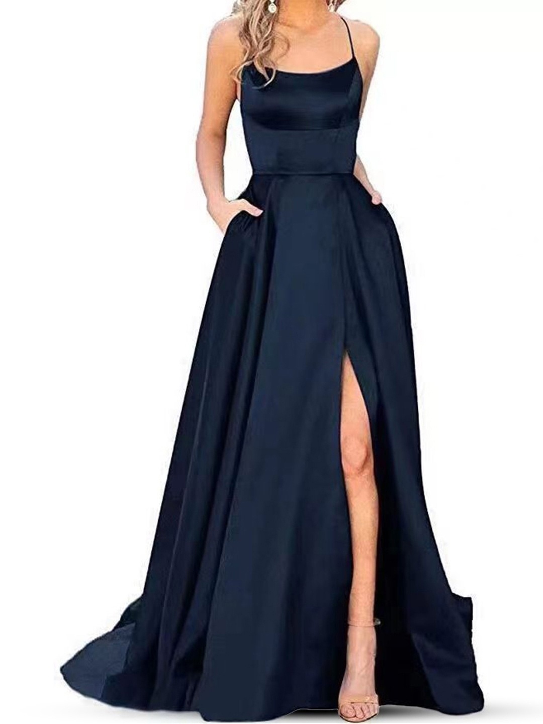 

KPOP Shoulder Straps Solid Maxi Dress, Blue