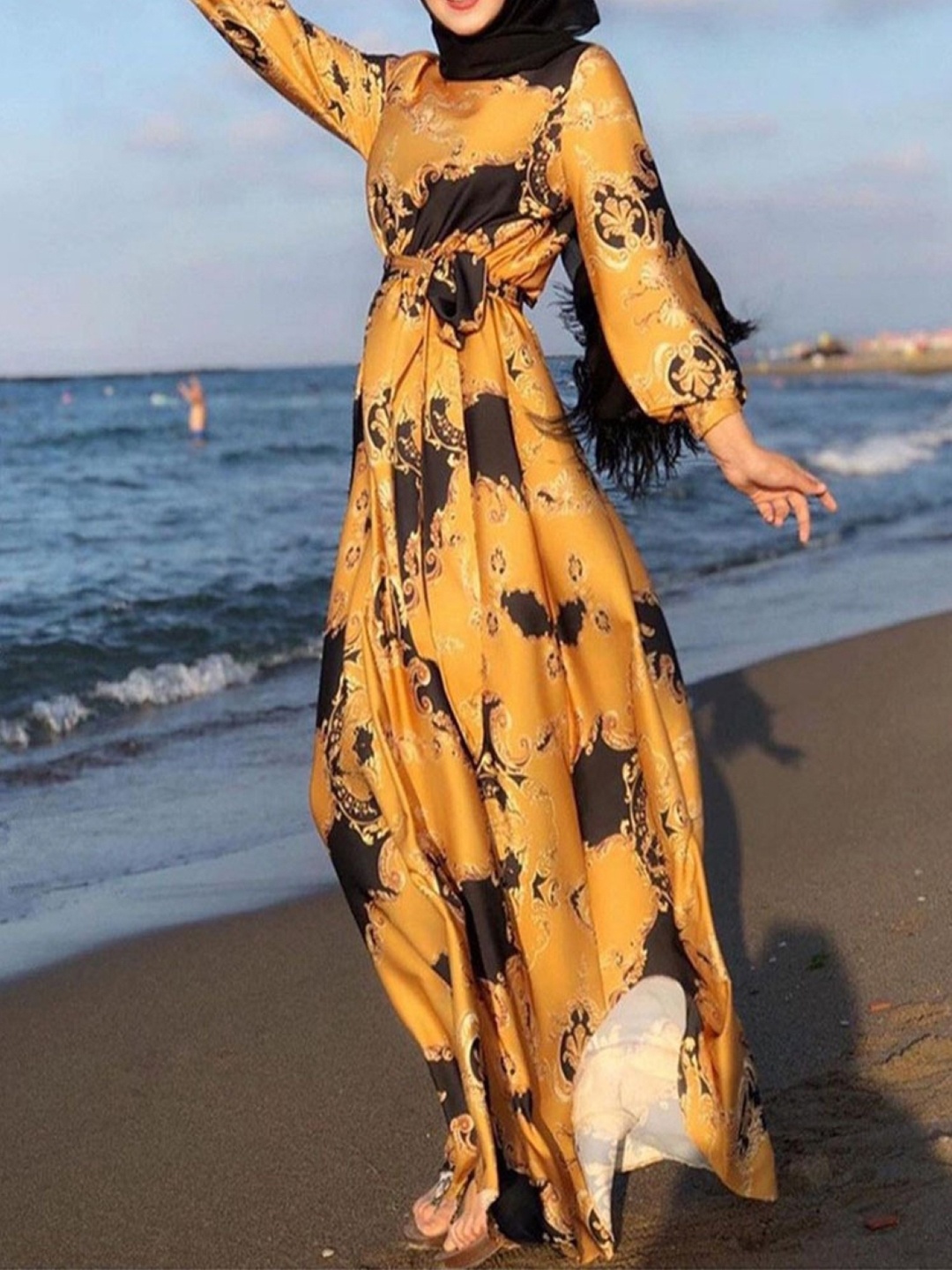 

KPOP Women Printed Puff Sleeve Maxi Dress, Yellow
