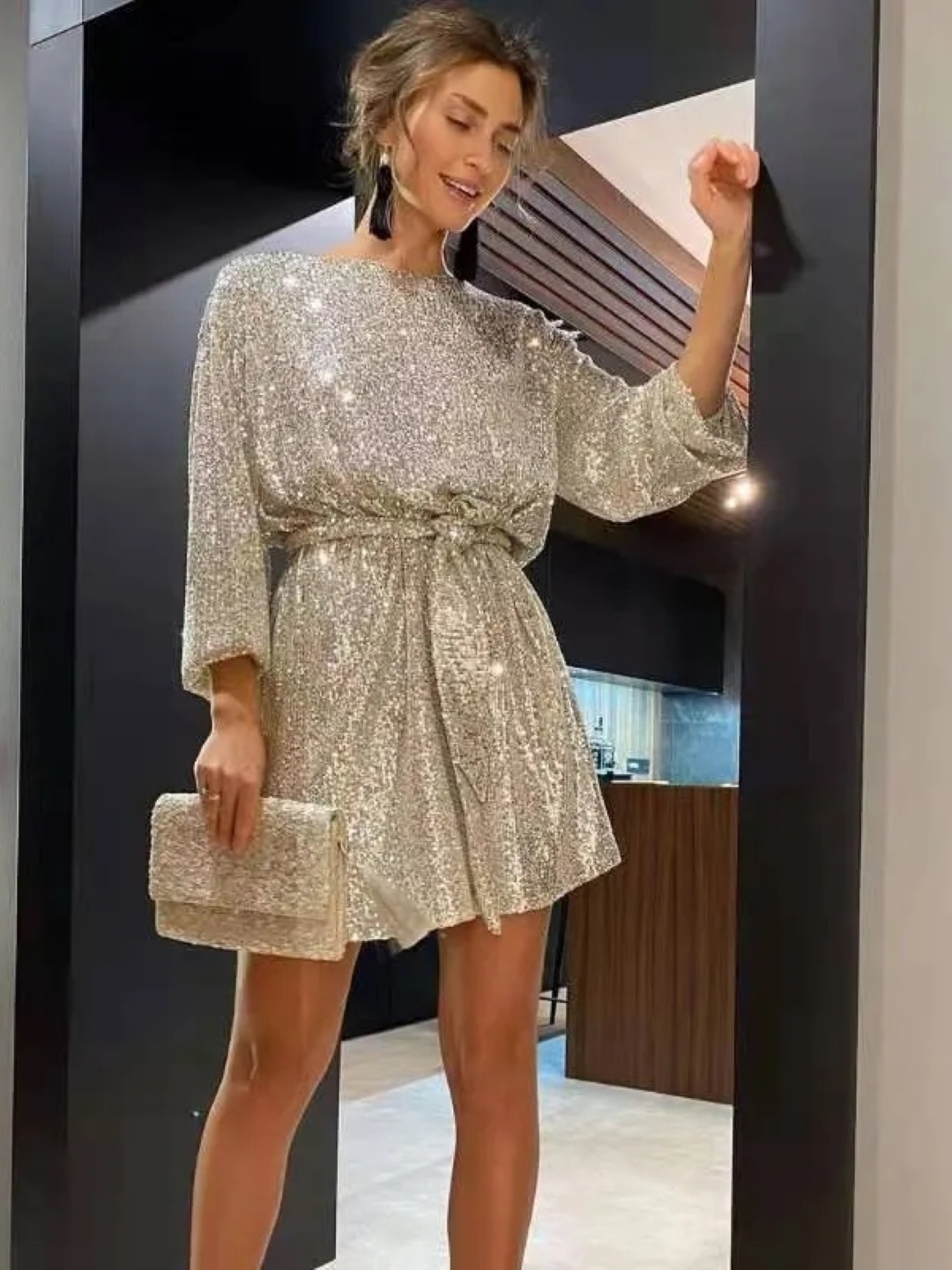 

KPOP Women Embellished Boat Neck Puff Sleeve Fit and Flare Dress, Gold