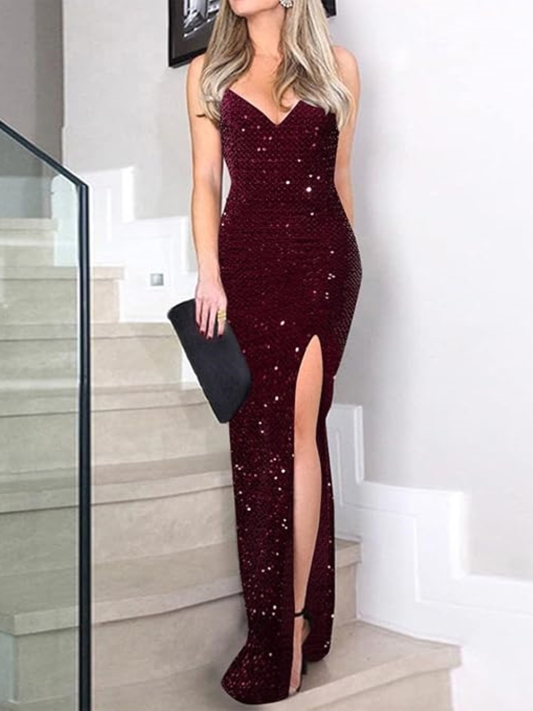 

KPOP Women Embellished Bodycon Maxi Dress, Burgundy