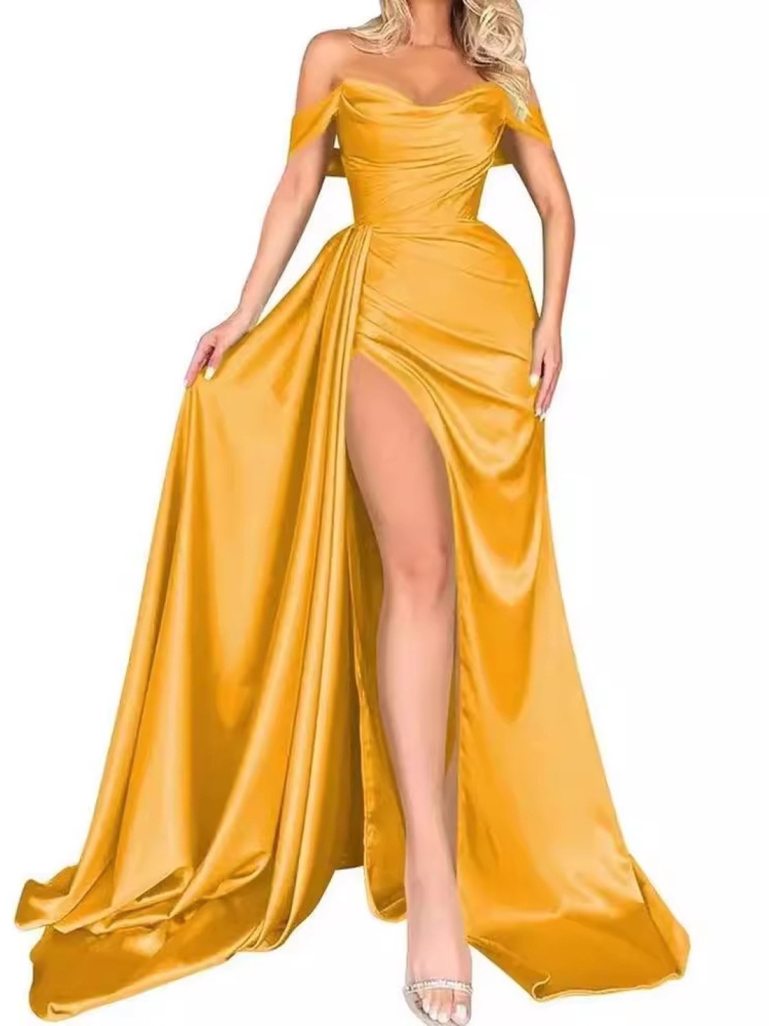 

KPOP Off-Shoulder Maxi Solid Dresses, Yellow