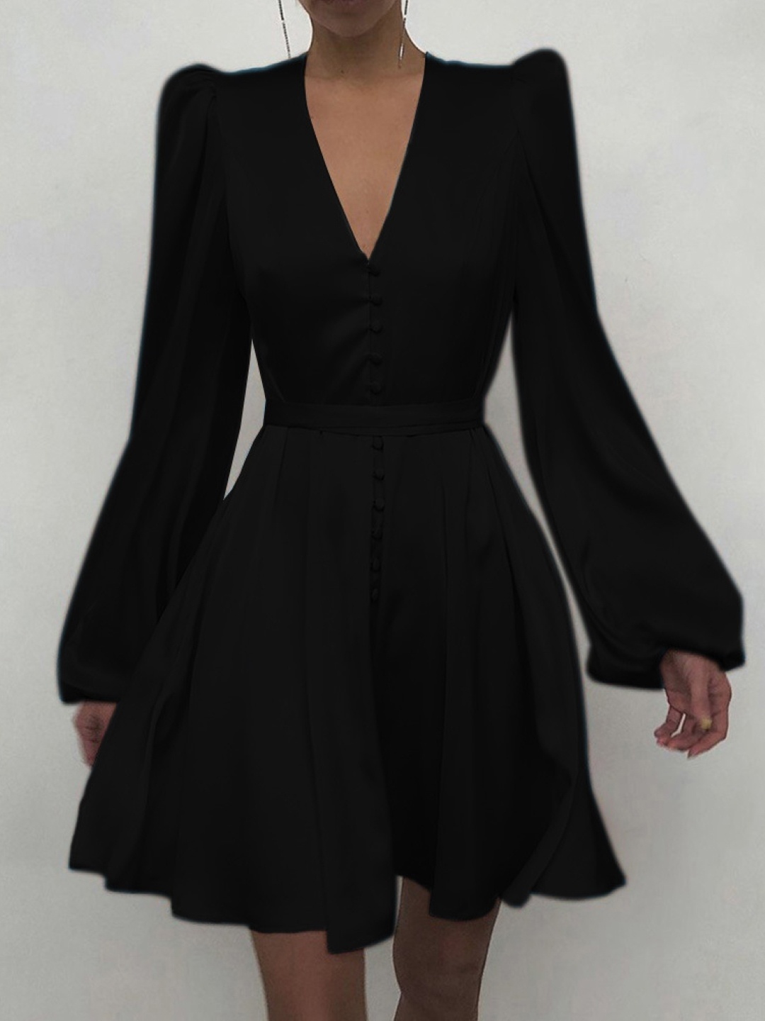 

KPOP Women Puff Sleeve Fit and Flare Dress, Black
