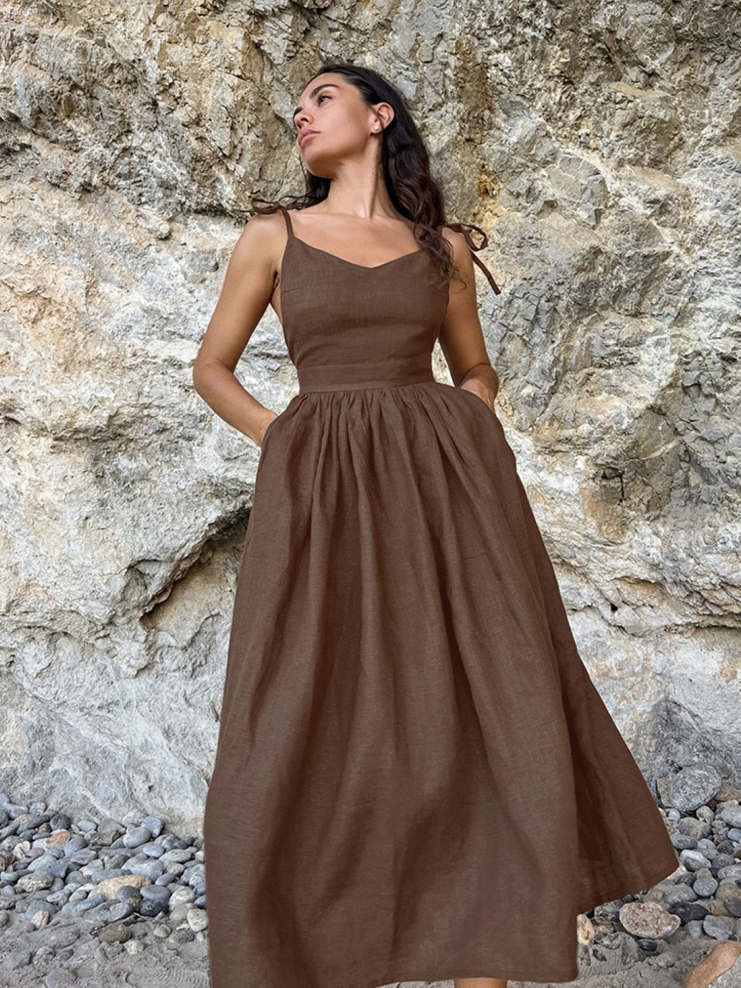 

KPOP Women Shoulder Straps Fit and Flare Midi Dress, Brown