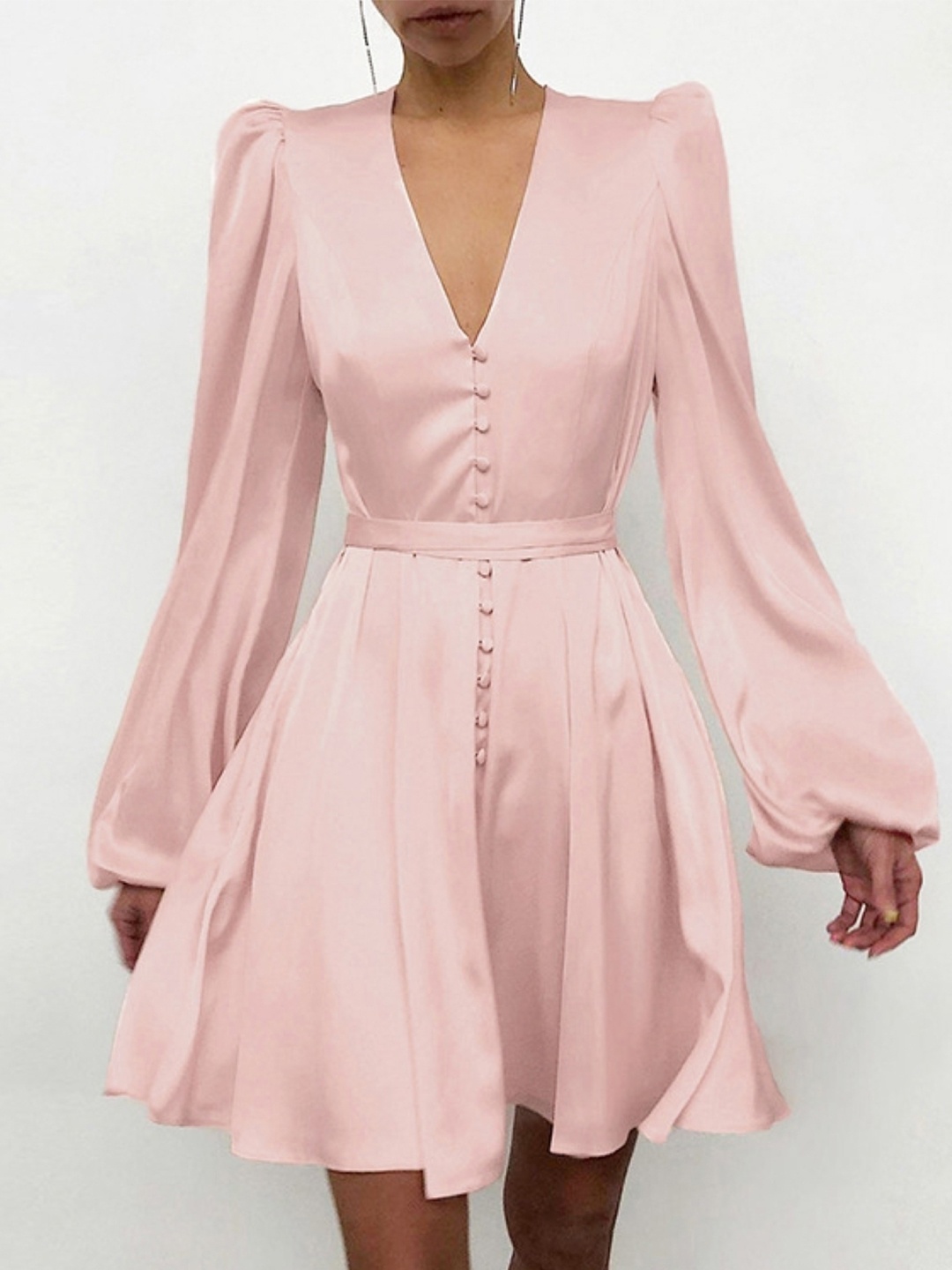 

KPOP Women Solid Puff Sleeve Fit & Flare Dress, Pink