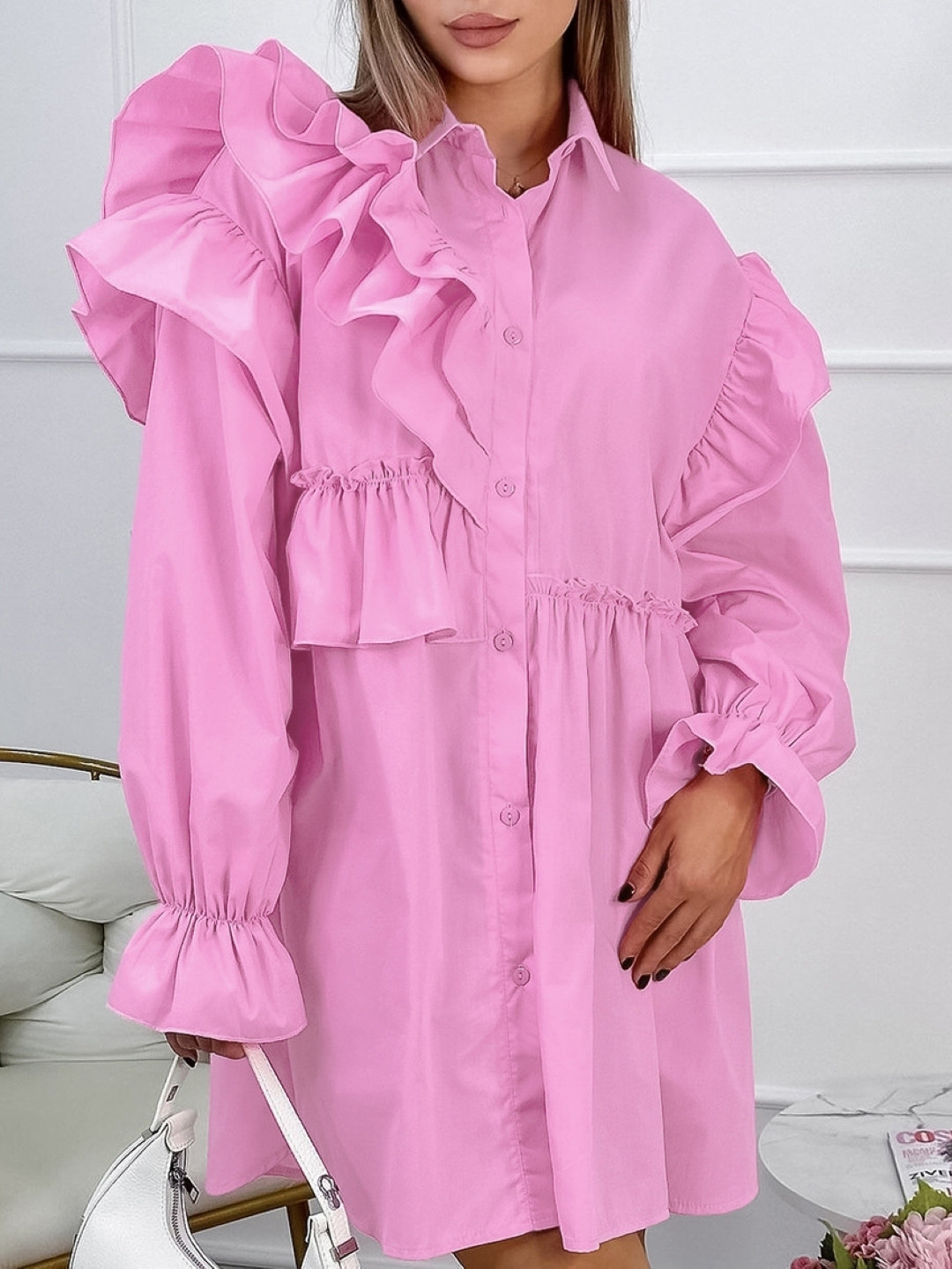 

KPOP Women Puff Sleeves Shirt Dress, Pink