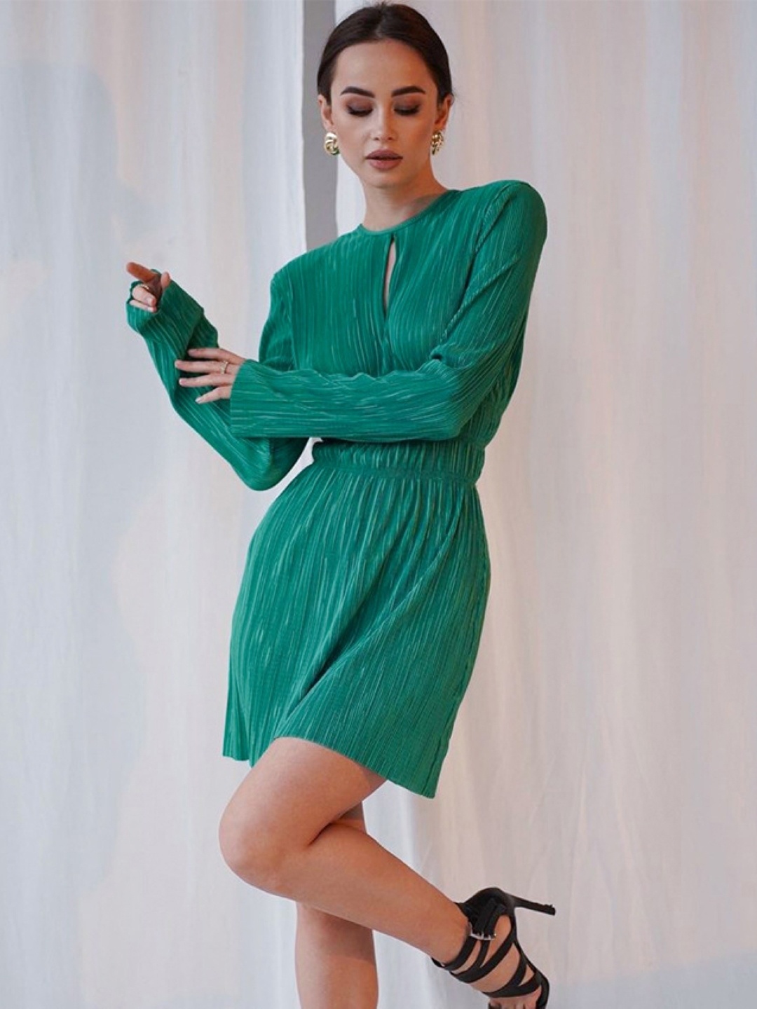 

KPOP Keyhole Women Neck Solid Long Sleeves Wrap Dress, Green