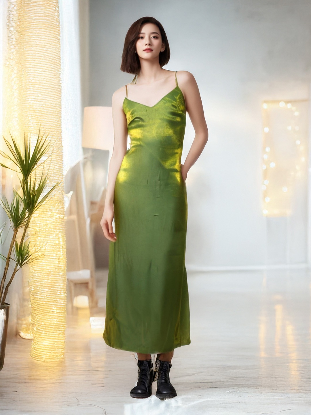 

KPOP Solid Shoulder Straps Sleeveless Sheath Maxi Dress, Green