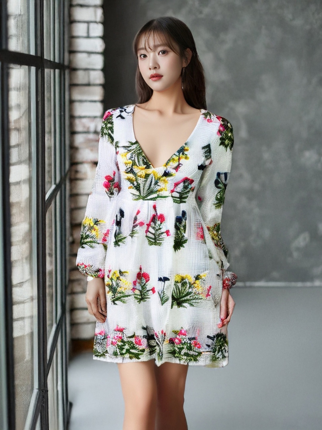 

KPOP Floral Print Bell Sleeve Fit and Flare Dress, White