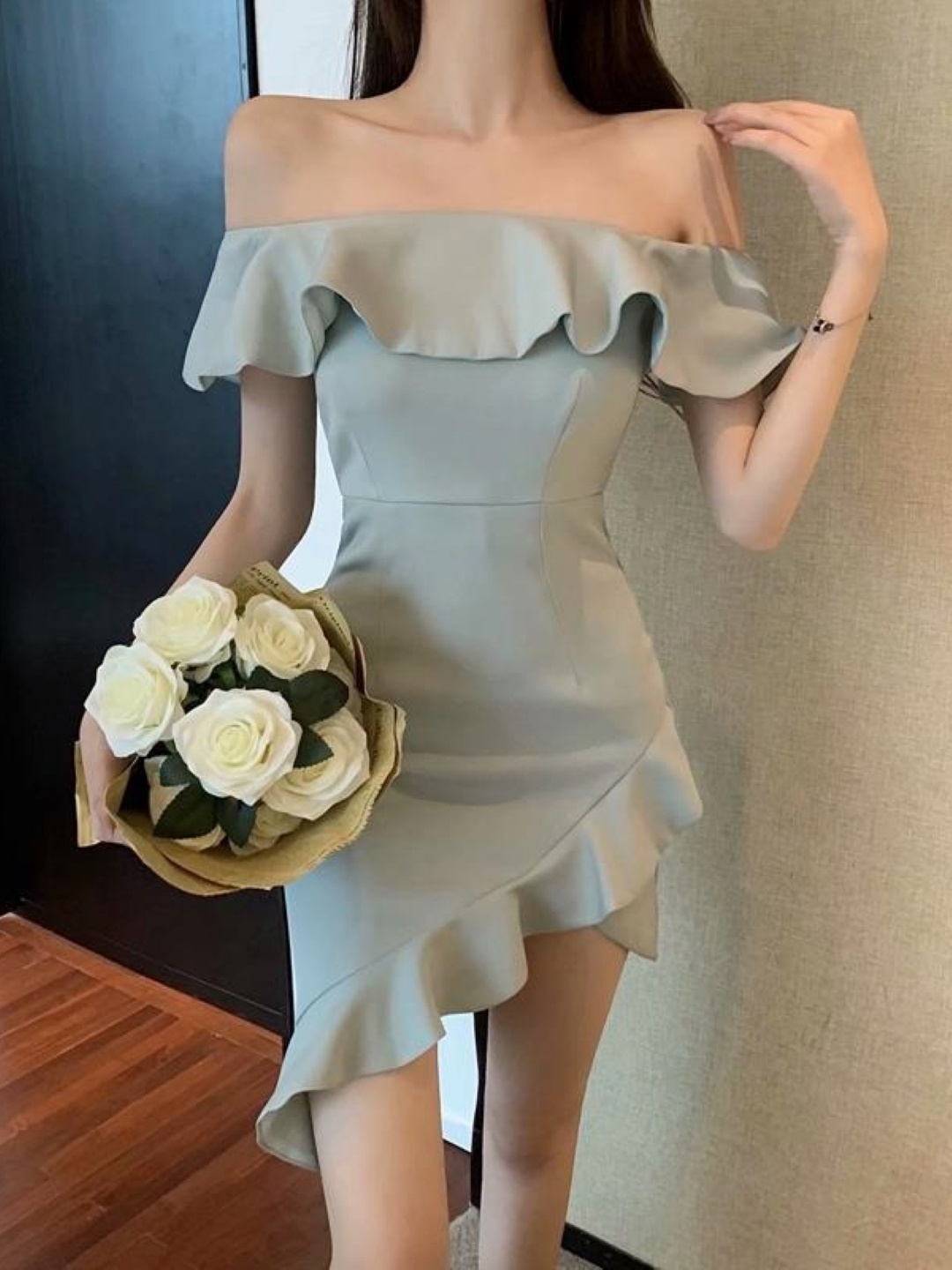 

KPOP Women One Shoulder Bodycon Dress, Grey