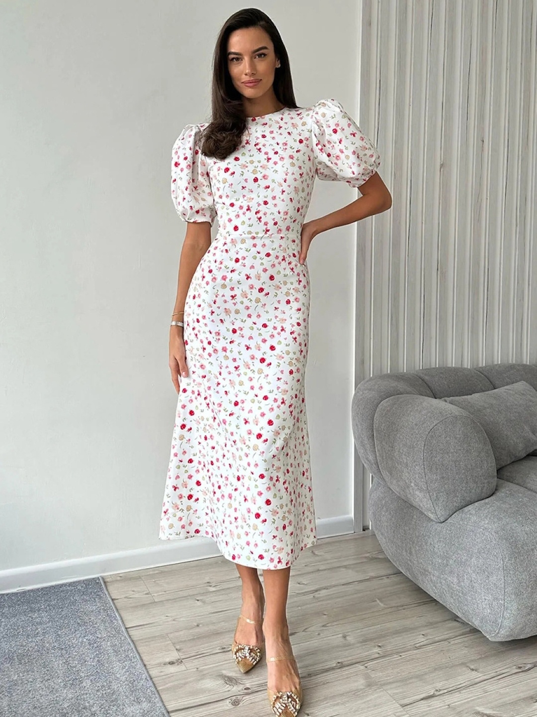 

KPOP Women Floral Printed Puff Sleeve A-Line Dress, White