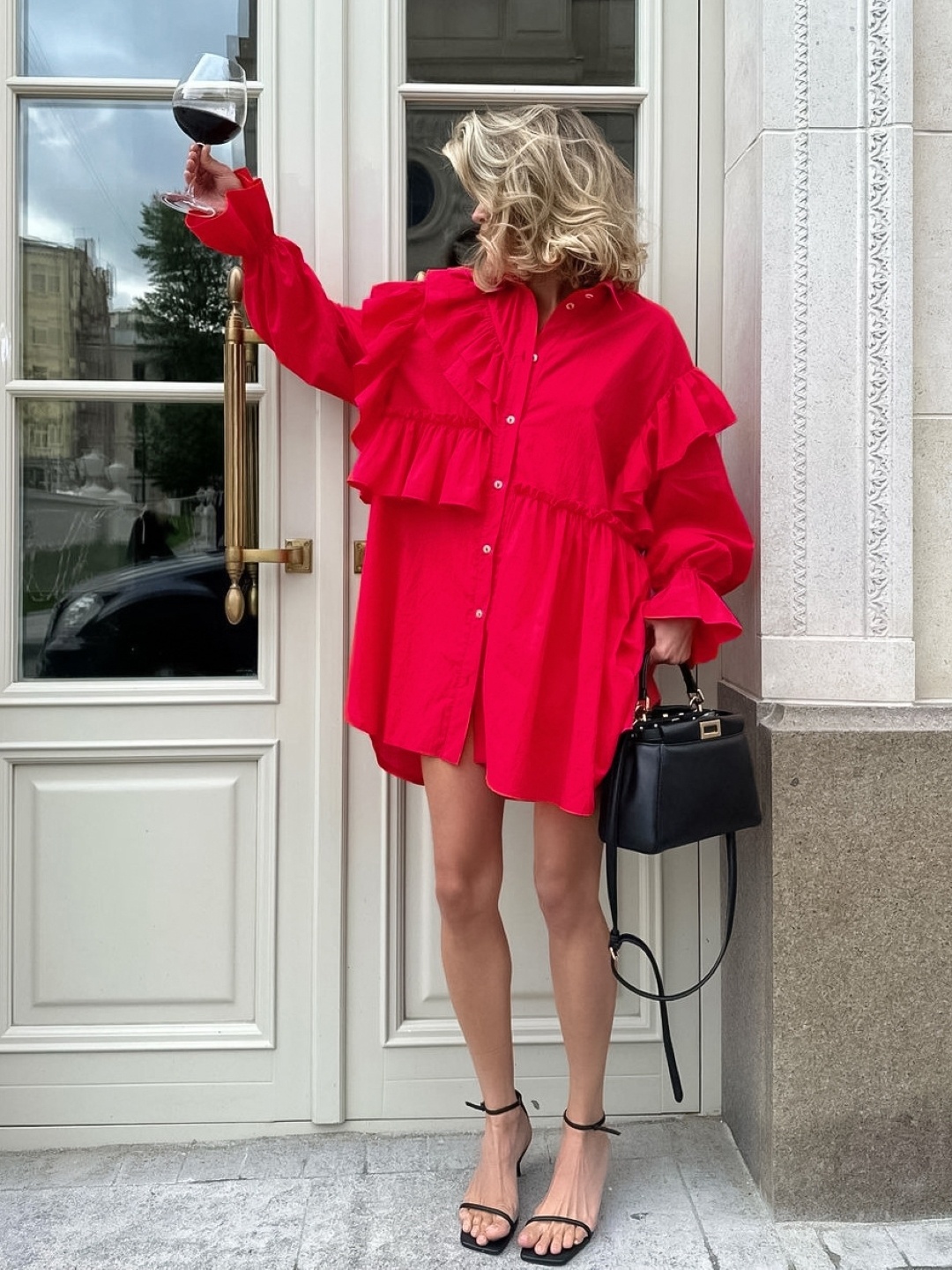 

KPOP Women Solid Bell Sleeve Shirt Dress, Red