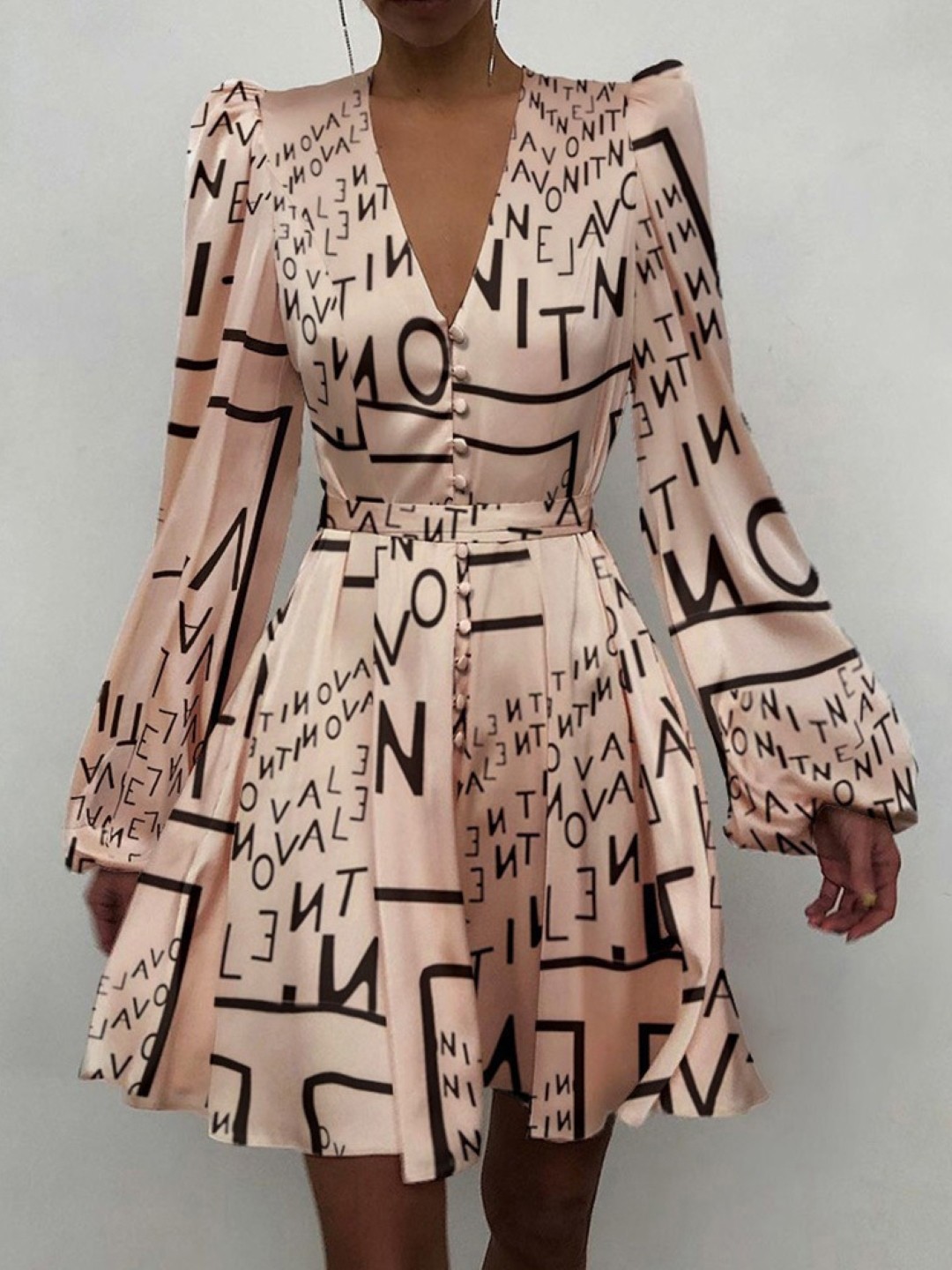 

KPOP Women Print Puff Sleeve Typography A-Line Dress, Beige
