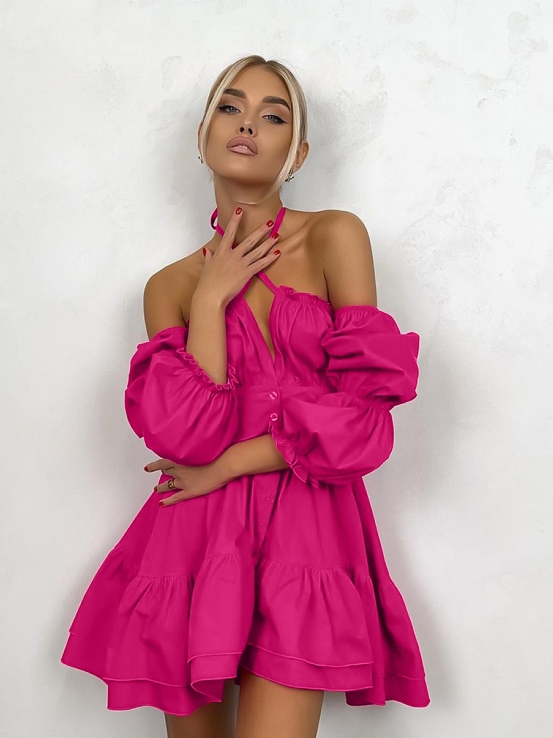

KPOP Halter Neck Puff Sleeve Fit and Flare Mini Dress, Pink