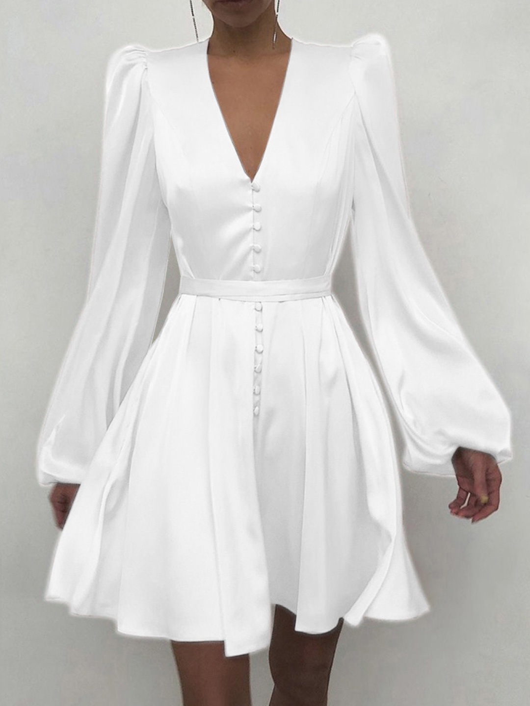 

KPOP Puff Sleeve Fit and Flare Dress, White