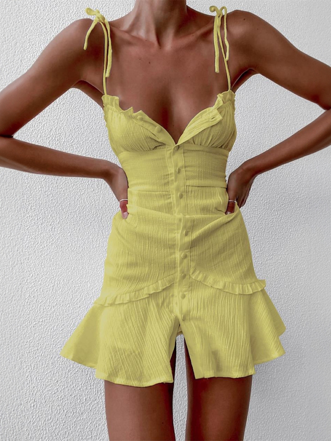 

KPOP Women's Shoulder Straps Solid Sleeveless Bodycon Dress, Yellow
