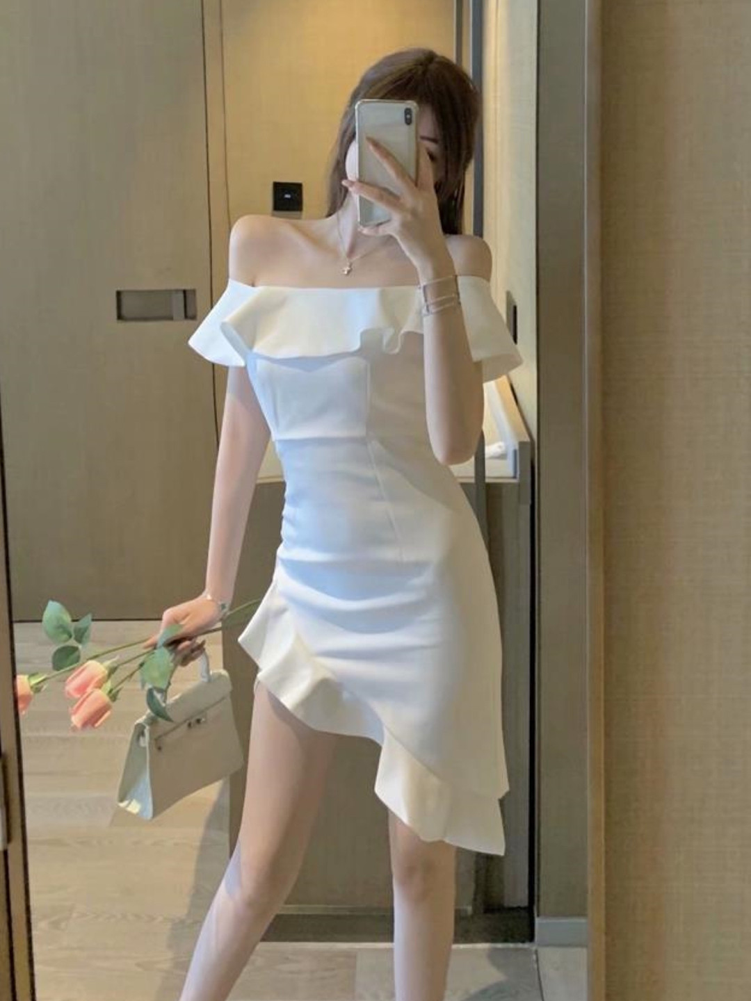 

KPOP Off-Shoulder Sheath Dress, White