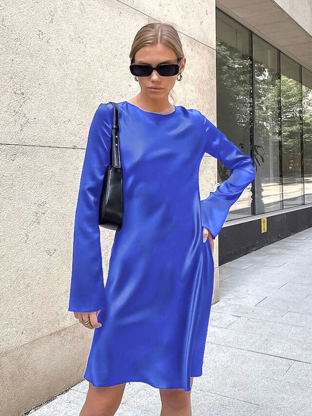 

KPOP Women Round Neck Long Sleeves Sheath Above Knee Dress, Blue
