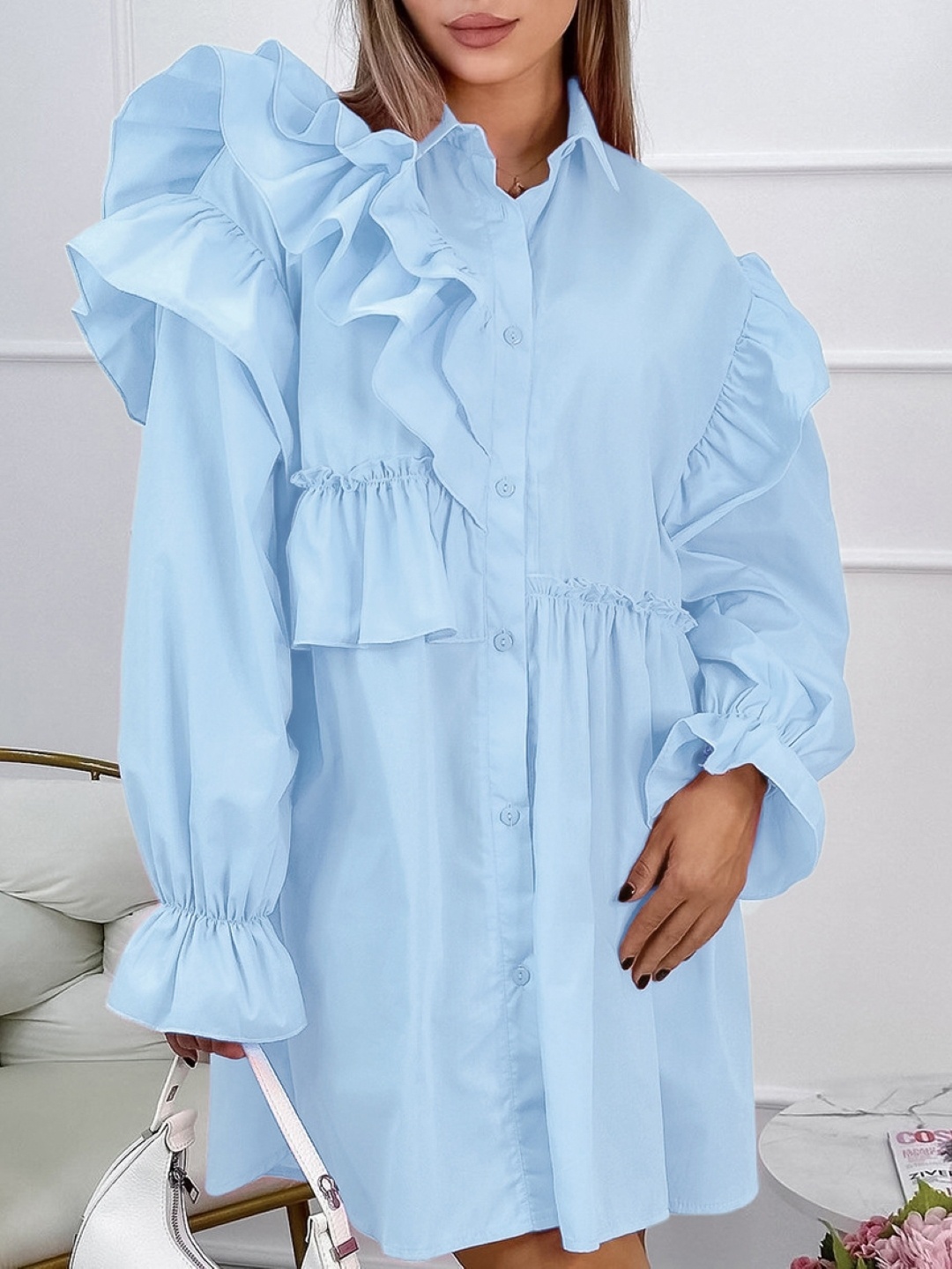 

KPOP Women Cotton Bell Sleeve Shirt Collar Shirt Dress, Blue