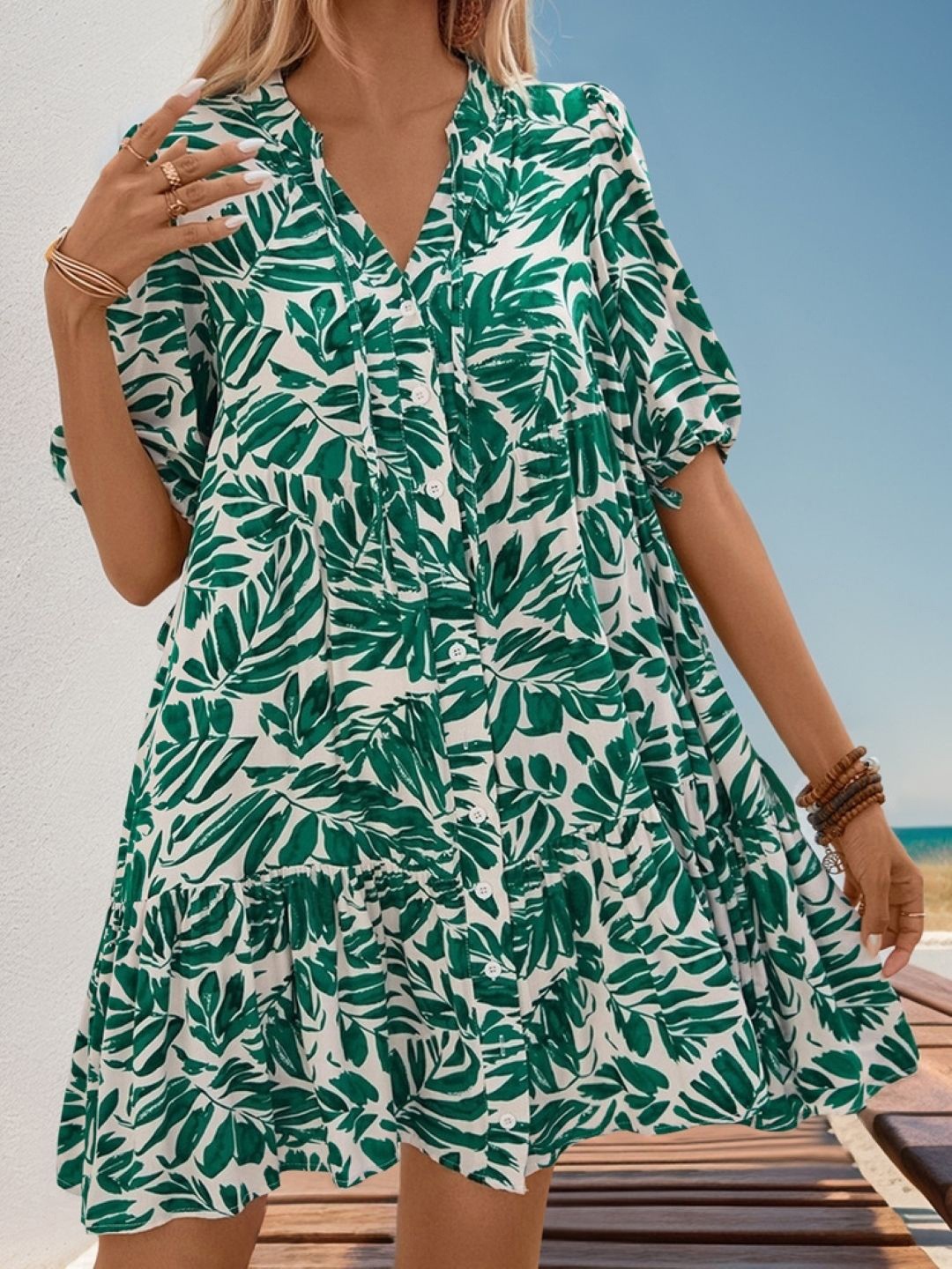 

KPOP Tropical Print Puff Sleeve A-Line Dress, Green