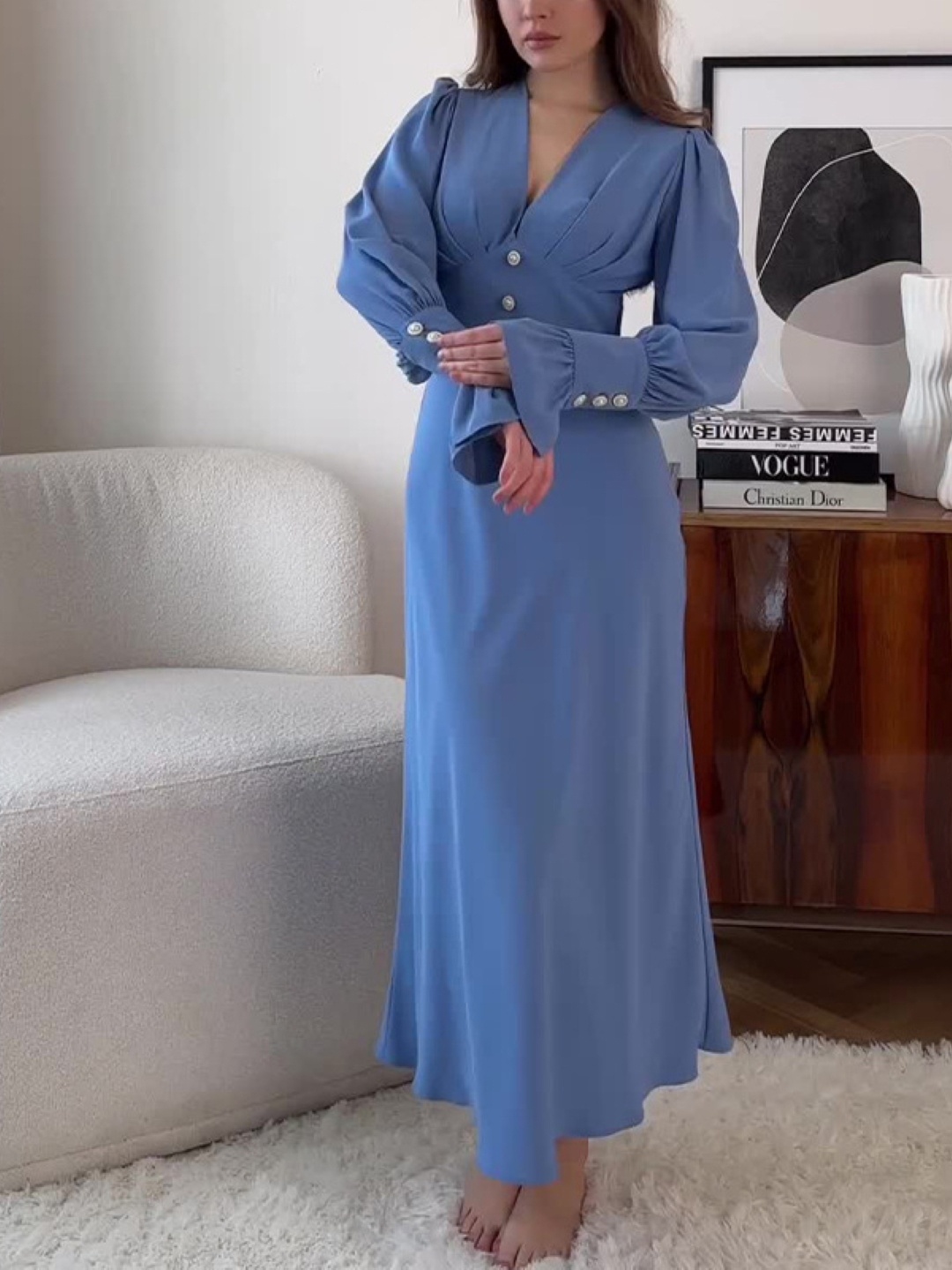 

KPOP Women Solid V-neck Bishop Long Slevees Empire Maxi Dress, Blue